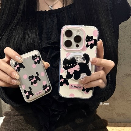 蝶结黑猫磁吸支架卡包适用oppoA3pro/reno14/15/87956+可爱findx7/x3pro/A35手机壳A9/A57/K11硅胶A58x/k9/A2