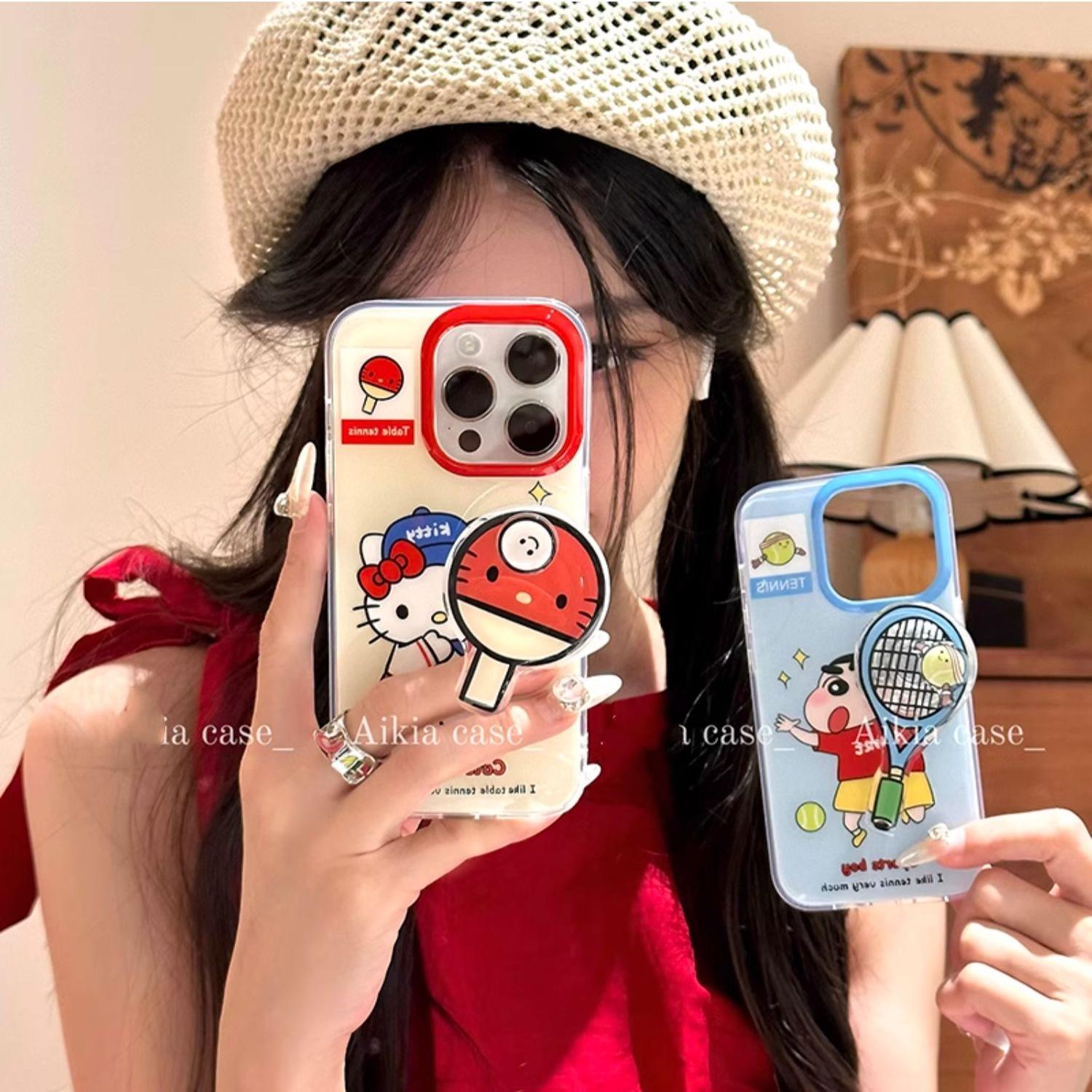 旋转球拍支架适用苹果16PRO/12手机壳14PROMAX/13mini可爱smax小新kt猫iPhone15/11创意XR/678plus/SE3全包