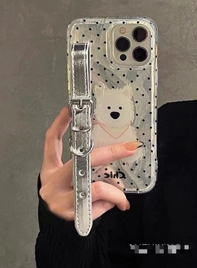 西高地银色腕带适用iPhone15pro苹果15promax手机壳13可爱12mini便携式11大孔X高级XR/14plus防摔SE/678PLUS