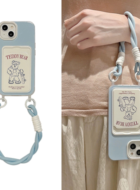 小熊插画手腕带适用vivo S16/S18/X60/X80/X90S手机壳X100/Y77/S10pro/S9E卡包Y100i手提绳y78+s17/y36/y55S