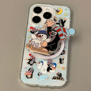13mini可爱xsmax硅胶iPhone15 12手机壳14PROMAX 鼹鼠雪人磁吸支架新款 678plus套SE2 适用苹果16PRO