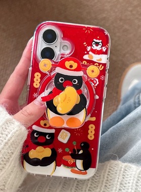 磁吸新年旋转企鹅适用小米14T/13T PRO海外版11S手机壳poco m6支架硅胶F5红米13c/14R/NOTE13/12T春节红色X4