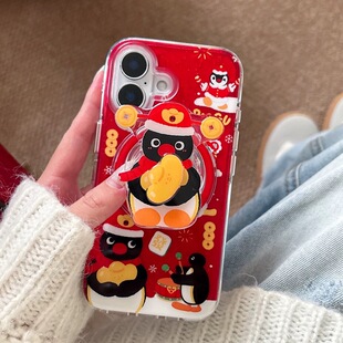 磁吸新年旋转企鹅适用小米14T/13T PRO海外版11S手机壳poco m6支架硅胶F5红米13c/14R/NOTE13/12T春节红色X4