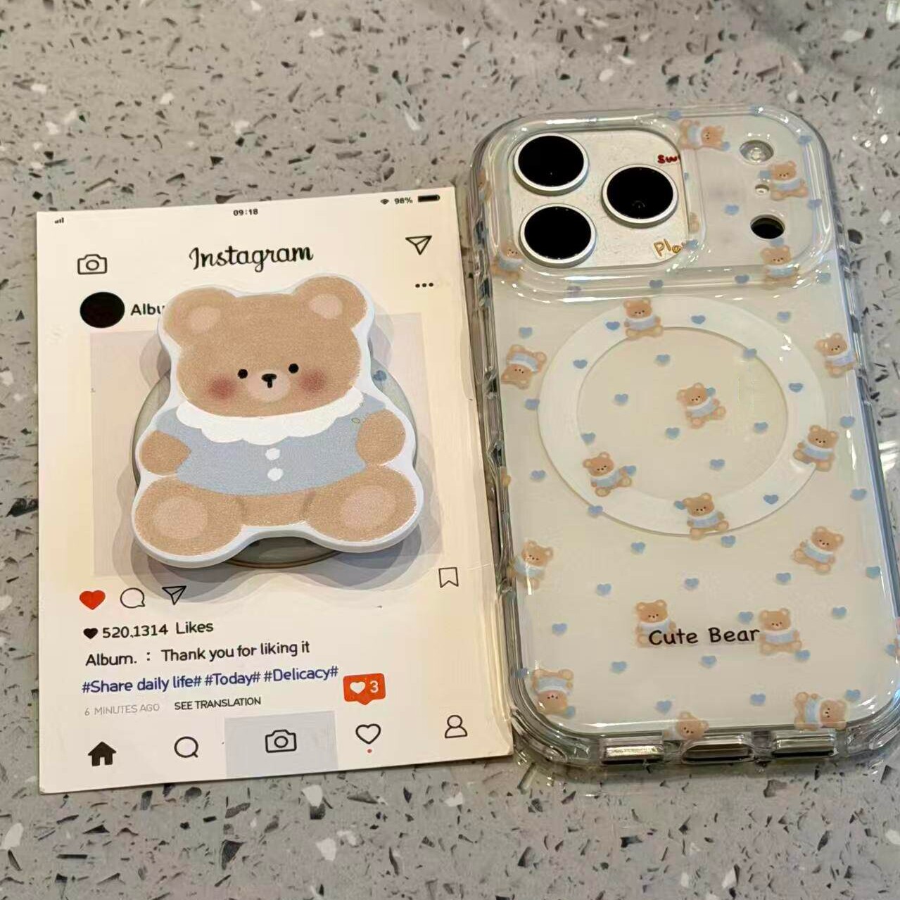 蓝爱心小熊磁吸支架适用A3X/OPPO FindX8/X9ultra/Reno15C/14/12/11F/10手机壳A58/A6Spro可爱K13+A5M/A97/96