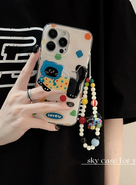 彩色几何猫咪支架适用oppo findx6/A2x手机壳A3活力reno12/10/11/9843pro链条7SE/A53/A58/A93S手绳K11x/A78