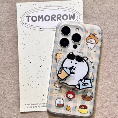 减压转转自嘲熊磁吸支架适用苹果16/16E手机壳16PROMAX/13PRO/12mini可爱女XR/11/15大孔XSmax格子856新款14