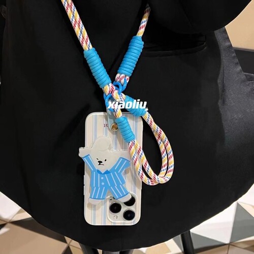 蓝色睡衣小熊支架适用苹果15/12手机壳14pm/13mini可爱xs max斜挎绳iPhone 11PRO手绳XR旅游658plus蓝色SE3女