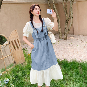 新品！重工麻花辫假2件撞色短袖连衣裙8300P135K188图片