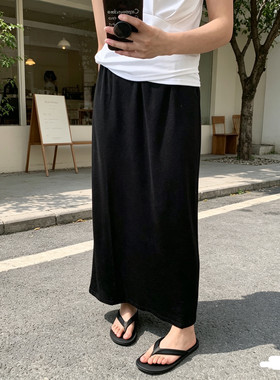 2026新款垂感直筒裙松紧高腰后开叉中长百搭显瘦铜氨丝半裙夏