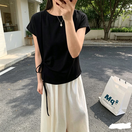 外贸女装 2025夏季新款时尚简约圆领冰瓷棉抽绳开叉短袖T恤女上衣