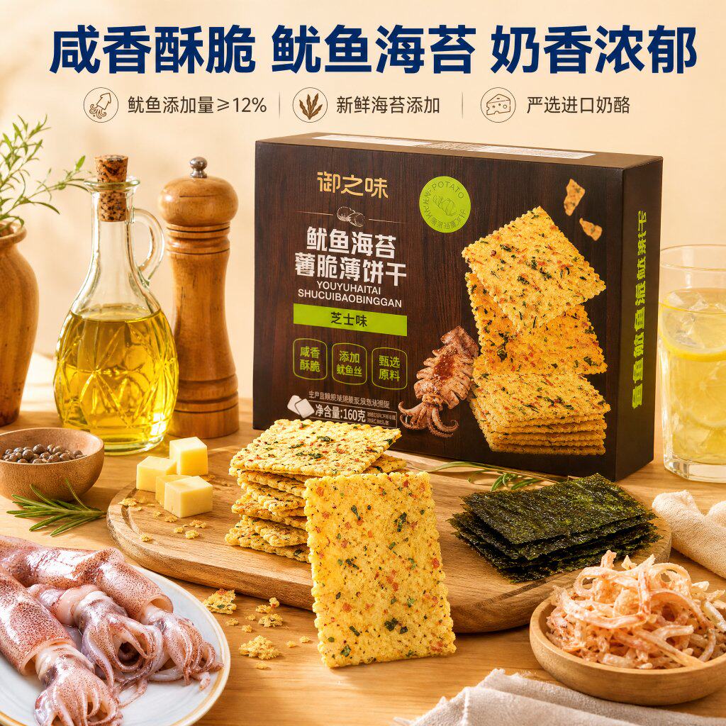 御之味鱿鱼海苔薯脆薄饼干芝士味咸香办公室休闲零食独立装160g