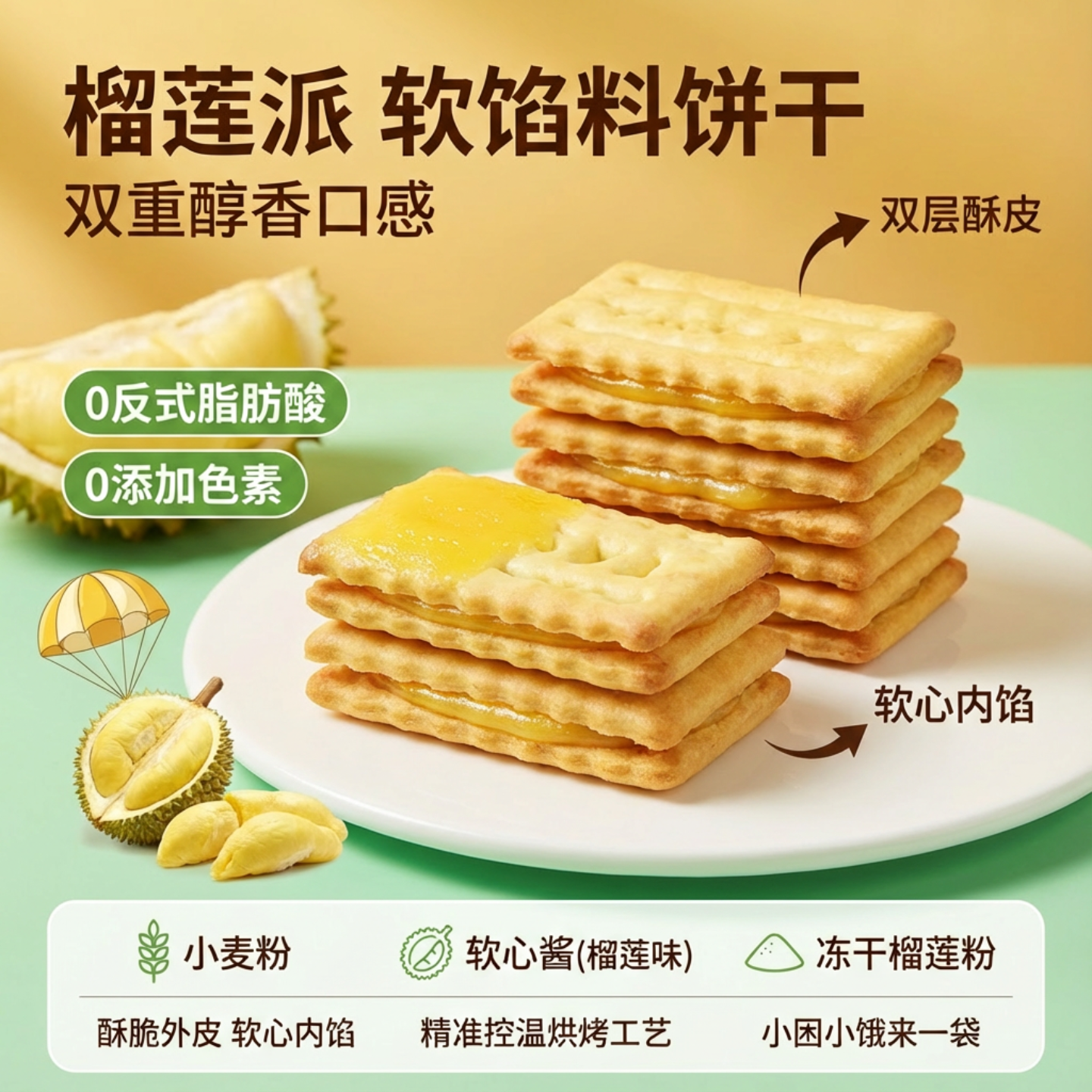 榴莲派软馅料夹心饼干双层酥脆办公室追剧网红解馋零食独立装