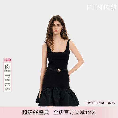 PINKO女士2026年夏季新款黑色方领无袖收腰连衣裙PEAF26170611