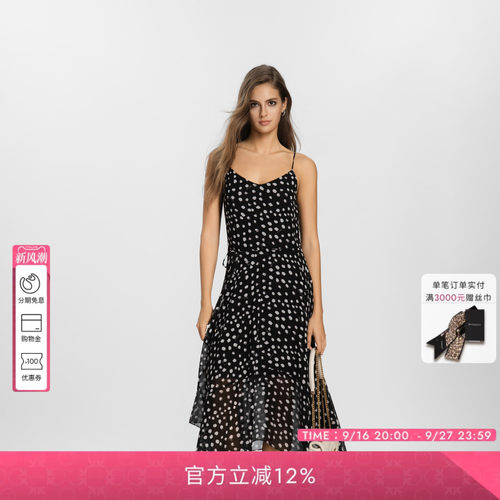 PINKO女士2026年夏季新款黑色波点吊带V领收腰连衣裙PEAF26170917
