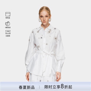 钉珠刺绣长袖 PINKO女士2026年春季 新款 白色法式 PAF26122308 衬衫