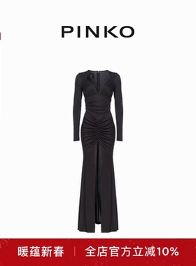 PINKO女士V领褶皱高开衩长款连衣裙102916A1JS