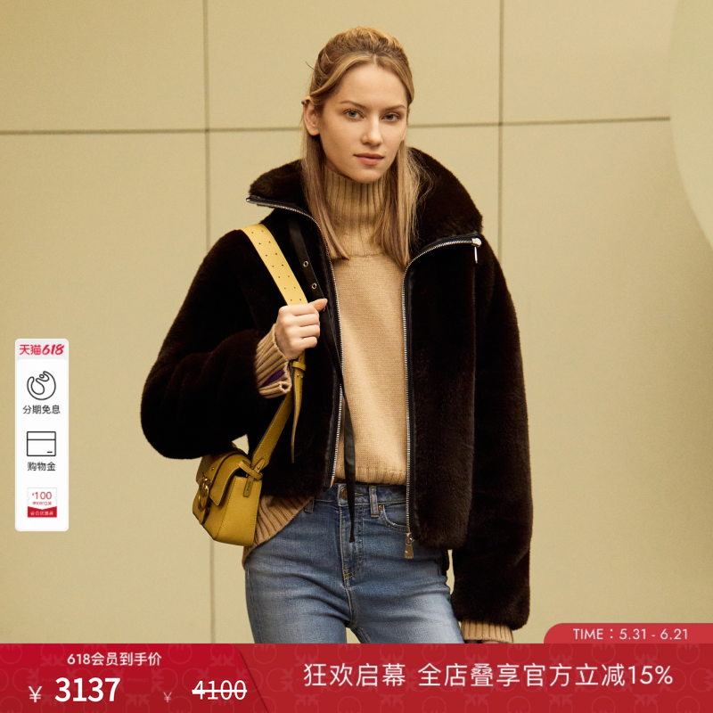 PINKO女士毛皮效果束腰夹克保暖日常休闲外套106013A1ZM
