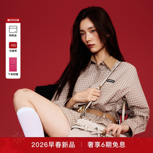 PINKO女士2026春季新款卡其格纹双层翻领连衣裙PAF26170326