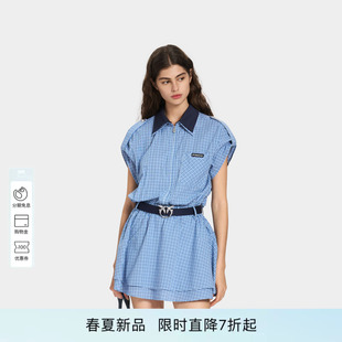 PINKO女士2026年夏季新款翻领格纹衬衫工装连衣裙PEAF26170615
