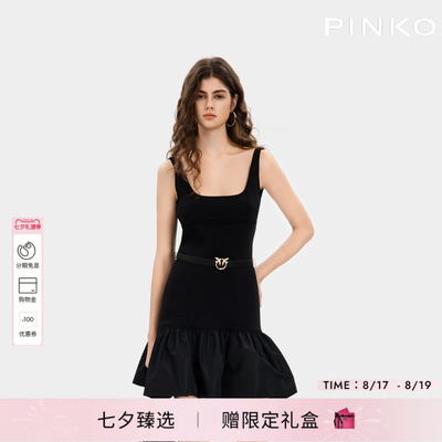PINKO女士2026年夏季新款黑色方领无袖收腰连衣裙PEAF26170611