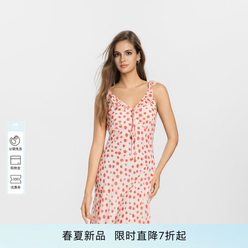 PINKO女士2026年夏季新款法式红白波点V领吊带连衣裙PEAF26170919