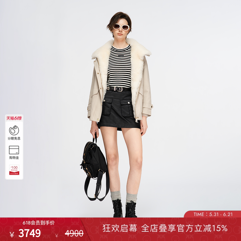 PINKO简约休闲毛领翻领长款直筒外套大衣（两件套）PAF25342821