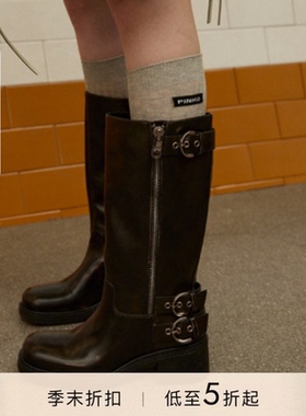 PINKO女士通勤复古搭扣设计做旧风侧拉链高筒靴SD0153P056Z