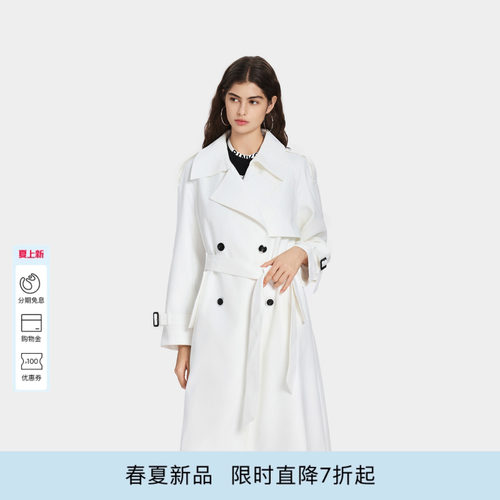 PINKO女士2026年夏季新款白色长款双排扣休闲风衣PAF26140801