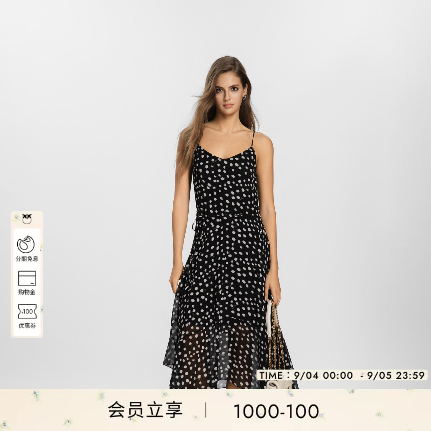 PINKO女士2026年夏季新款黑色波点吊带V领收腰连衣裙PEAF26170917图片
