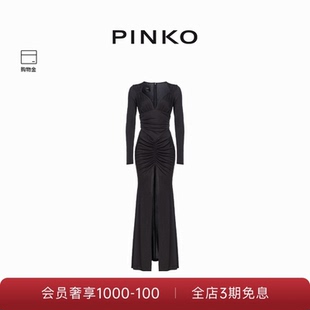 PINKO女士V领褶皱高开衩长款 连衣裙102916A1JS