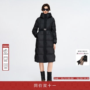 【85鹅绒】PINKO女士秋冬保暖连帽黑色长款收腰羽绒服PAF25342815