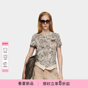 PINKO女士2026年春夏新款时尚帅气杏色豹纹钻饰T 恤PAF26125329