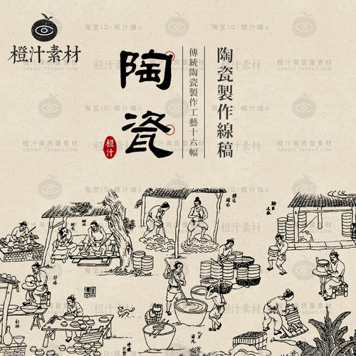 古代传统陶瓷制作瓷器制造工艺流程线稿线描AI矢量设计素材PNG图