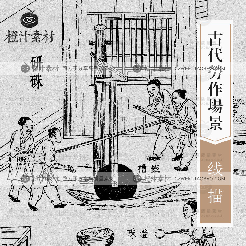 古代传统技艺工艺生活劳作场景版画素描手绘线描线稿矢量素材png