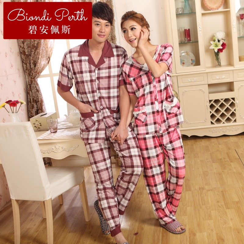碧安佩斯新款夏季薄款竹纤维红色格子温馨短袖情侣睡衣家居服女情