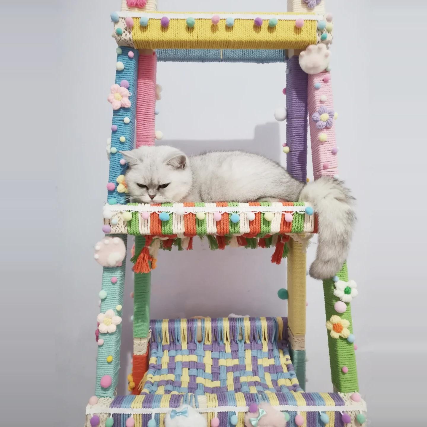 3手工diy梯子猫爬架材料包自制玩具猫抓板猫爬柱彩色绿色麻绳耐磨