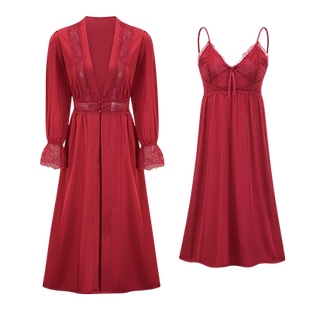 情侣睡衣春秋款红色新娘晨袍两件套女男家居服高级感结婚新婚套装