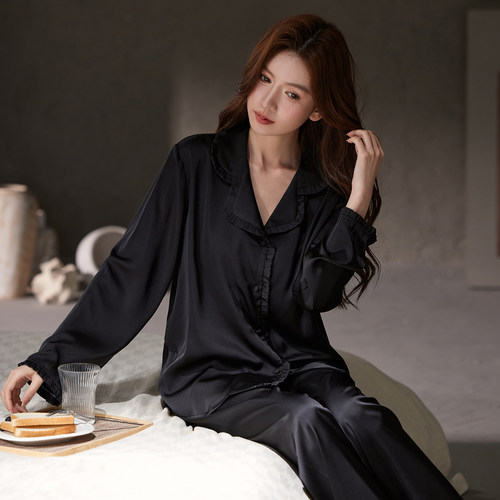 黑色高级感冰丝睡衣女长袖长裤套装春秋木耳边V领显瘦家居服外穿