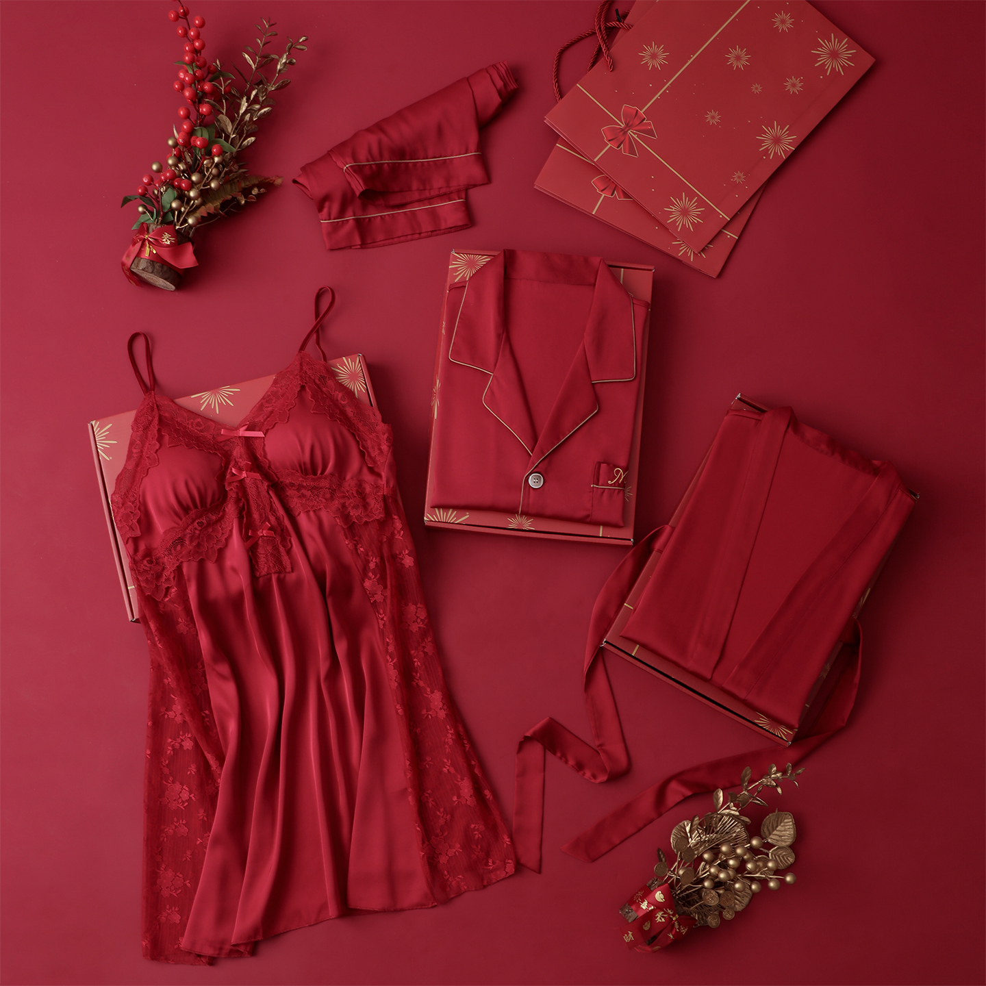 礼盒装情侣睡衣一男一女性感纯欲睡裙晨袍两件套带胸垫家居服冰丝