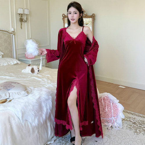 加长款睡裙两件套轻熟御姐睡衣金丝绒红色新娘晨袍高级感吊带开叉