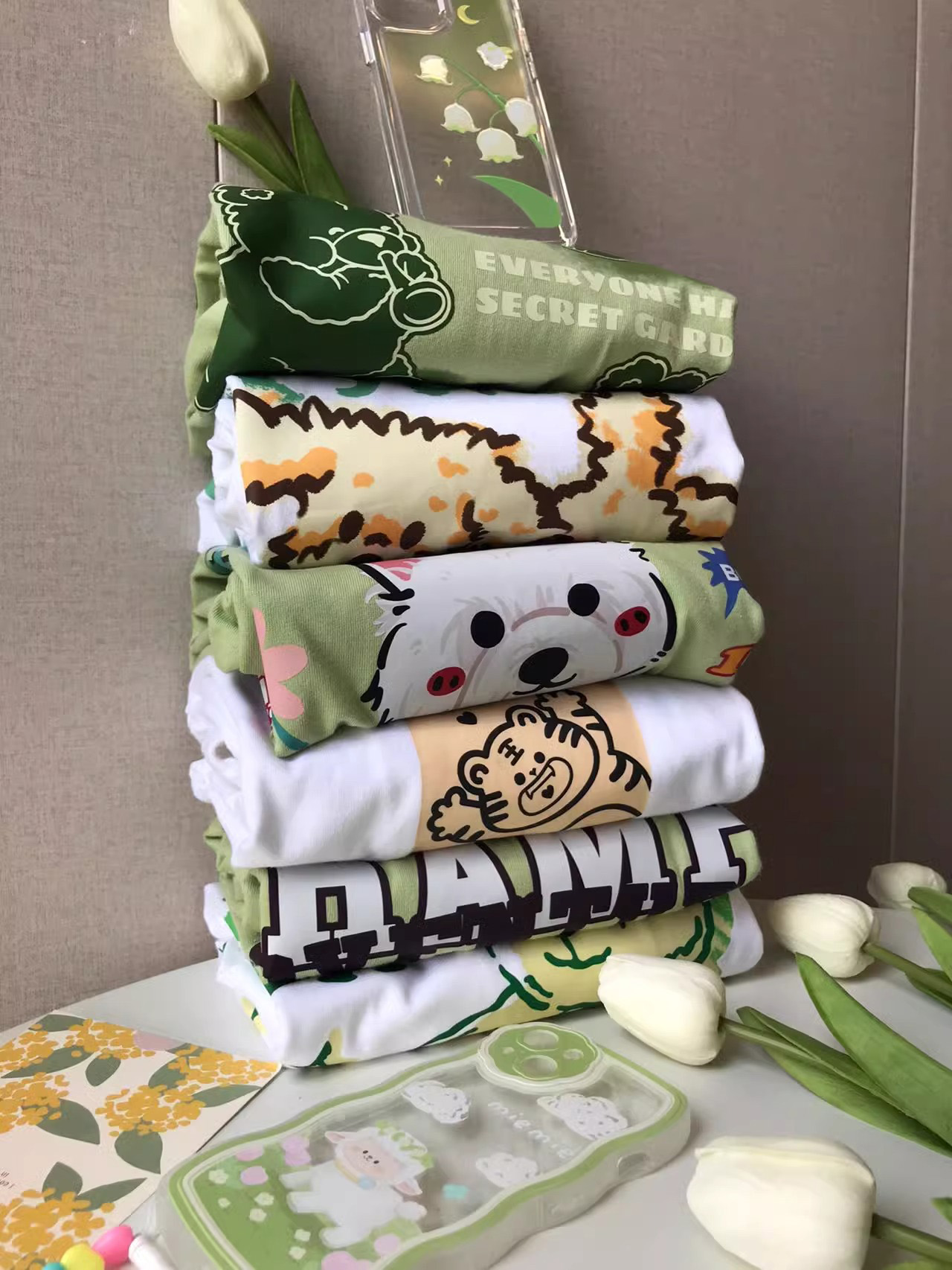 卡通印花纯棉短袖正肩T恤女