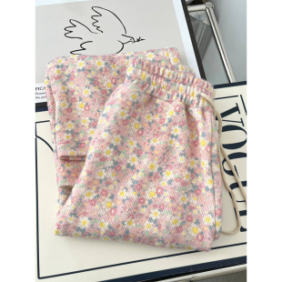 复古小碎花雪尼尔软糯厚实直筒休闲裤 子 女秋冬宽松显瘦直筒阔腿裤