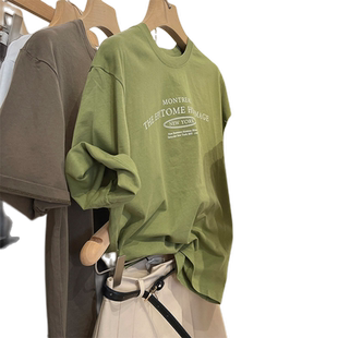 日系简约小字母圆领套头短袖T恤女夏季韩系chic港味宽松纯棉上衣