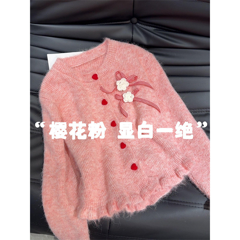 甜美木耳边长袖针织开衫毛衣女2024秋冬新款立体花朵短款别致上衣,女装/女士精品,短外套,淘宝优惠券,粉丝福利购,淘宝优惠卷