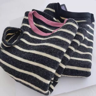 T恤 女秋冬休闲宽松加绒加厚长袖 软绵绵兔绒 毛绒绒条纹针织打底衫