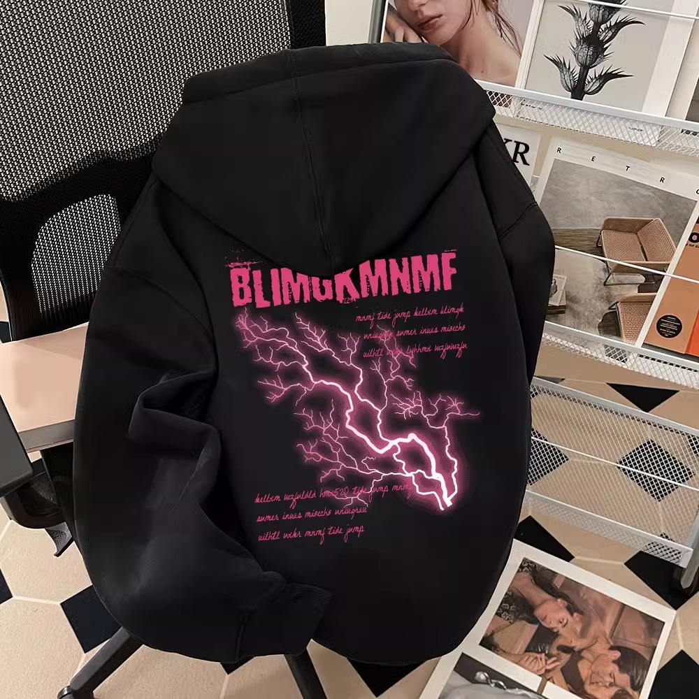 美式复古潮牌黑色连帽卫衣女秋冬