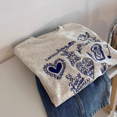 韩系复古刺绣兔子套头卫衣女秋冬加绒加厚宽松chic港风短款 上衣潮