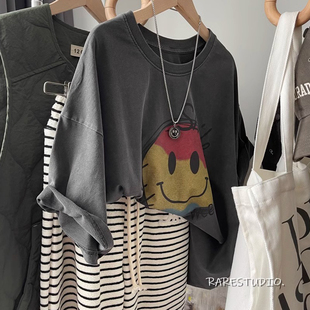 设计感半袖 t恤女夏季 体恤宽松学生纯棉上衣 复古笑脸印花短袖 美式