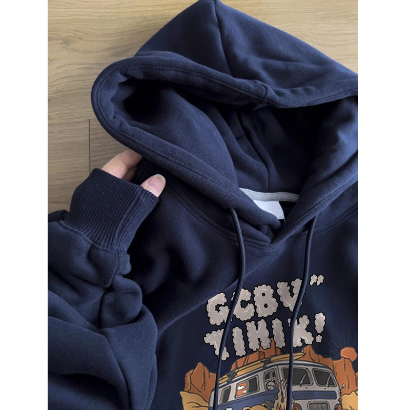 美式复古藏青色连帽卫衣女春秋冬加绒加厚外套宽松bf慵懒纯棉上衣,女装/女士精品,常规大码外套,淘宝优惠券,粉丝福利购,淘宝优惠卷