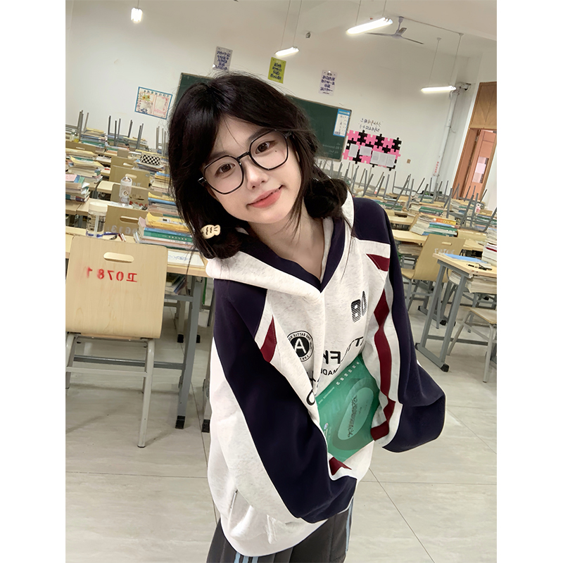 高级感拼接撞色连帽卫衣女春秋冬
